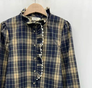 Highclere Blouse with Ruffle and Rik Rak Details  - Navy, Red