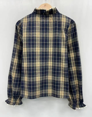 Highclere Blouse with Ruffle and Rik Rak Details  - Navy, Red