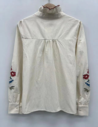 Raven Blouse with Ruffle Collar and Embroidered Sleeves  - Ecru, Navy Blue