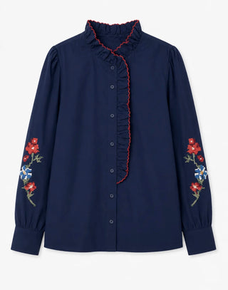 Raven Blouse with Ruffle Collar and Embroidered Sleeves  - Ecru, Navy Blue