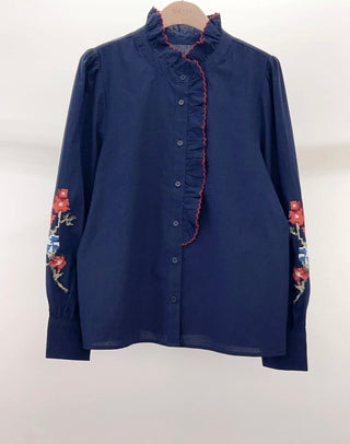 Raven Blouse with Ruffle Collar and Embroidered Sleeves  - Ecru, Navy Blue