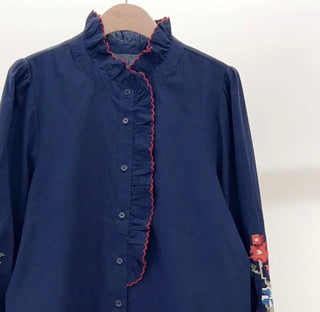 Raven Blouse with Ruffle Collar and Embroidered Sleeves  - Ecru, Navy Blue