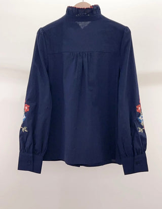 Raven Blouse with Ruffle Collar and Embroidered Sleeves  - Ecru, Navy Blue