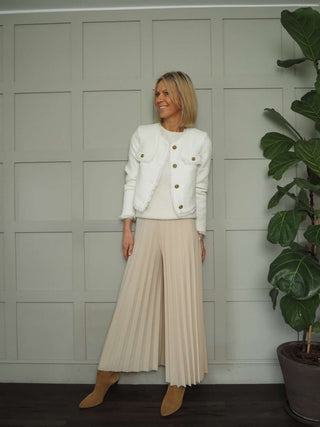 Reina Lined and Collarless Cropped Blazer with Fringing Detail - Ecru