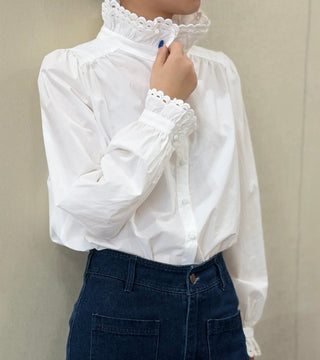 Florence Blouse with Double Layer High Scalloped Collar  - White