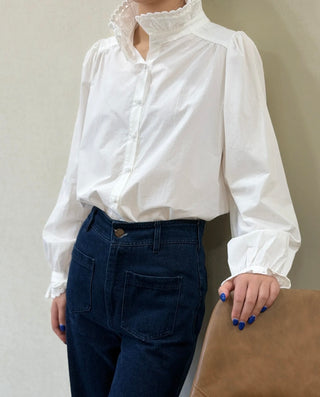 Florence Blouse with Double Layer High Scalloped Collar  - White