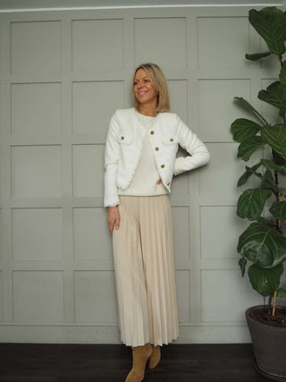 Reina Lined and Collarless Cropped Blazer with Fringing Detail - Ecru