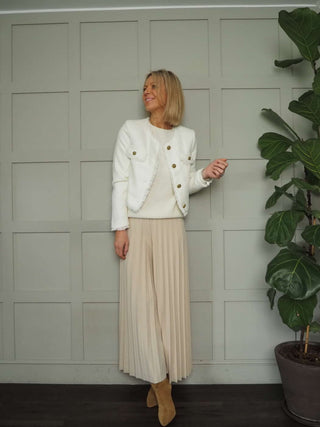 Reina Lined and Collarless Cropped Blazer with Fringing Detail - Ecru