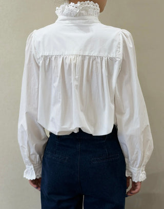 Florence Blouse with Double Layer High Scalloped Collar  - White