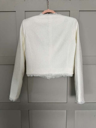 Reina Lined and Collarless Cropped Blazer with Fringing Detail - Ecru
