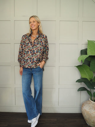 Hurlingham Floral Print Blouse with Pleated Collar - Navy/Multi