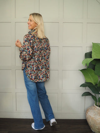 Hurlingham Floral Print Blouse with Pleated Collar - Navy/Multi