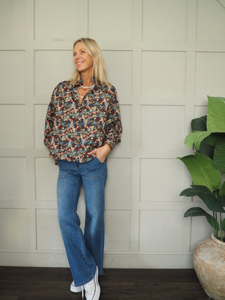 Hurlingham Floral Print Blouse with Pleated Collar - Navy/Multi