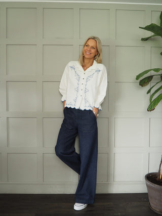 Western Sophie Blouse with Blue Embroidery Detail by Seventy Mochi - Ecru/Blue