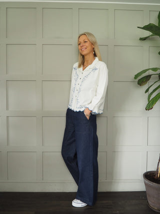 Western Sophie Blouse with Blue Embroidery Detail by Seventy Mochi - Ecru/Blue