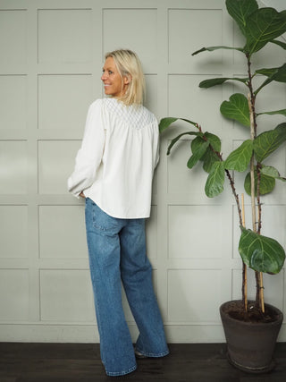 Clio Organic Cotton, Yoke Style Blouse with Front Tie by Seventy &amp; Mochi - Ecru and Mid Vintage