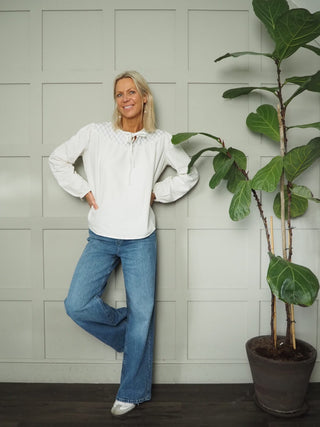 Clio Organic Cotton, Yoke Style Blouse with Front Tie by Seventy &amp; Mochi - Ecru and Mid Vintage