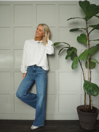 Clio Organic Cotton, Yoke Style Blouse with Front Tie by Seventy &amp; Mochi - Ecru and Mid Vintage