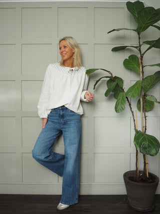 Clio Organic Cotton, Yoke Style Blouse with Front Tie by Seventy &amp; Mochi - Ecru and Mid Vintage