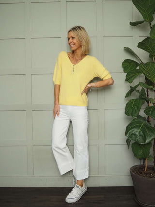 Starling V-Neck Short Sleeved Jumper with Pearlescent Buttons - 5 Colours