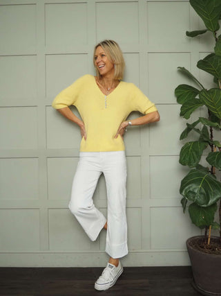 Starling V-Neck Short Sleeved Jumper with Pearlescent Buttons - 5 Colours