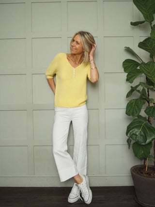 Starling V-Neck Short Sleeved Jumper with Pearlescent Buttons - 5 Colours