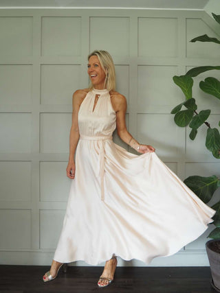 Delilah Satin Feel, Halter Neck Maxi Dress - Camel, Champagne