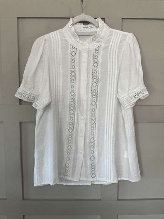 Belle SHORT Sleeve High Collared Blouse - Navy Blue, Off White, Sand and Sky Blue