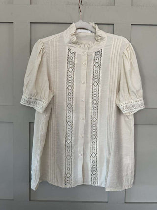 Belle SHORT Sleeve High Collared Blouse - Navy Blue, Off White, Sand and Sky Blue