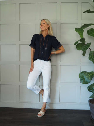 Belle SHORT Sleeve High Collared Blouse - Navy Blue, Off White, Sand and Sky Blue