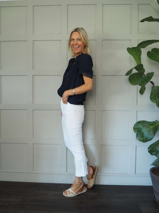 Belle SHORT Sleeve High Collared Blouse - Navy Blue, Off White, Sand and Sky Blue
