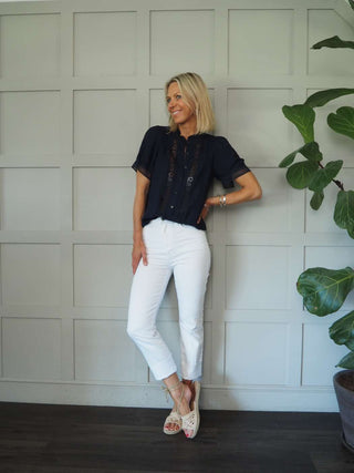 Belle SHORT Sleeve High Collared Blouse - Navy Blue, Off White, Sand and Sky Blue