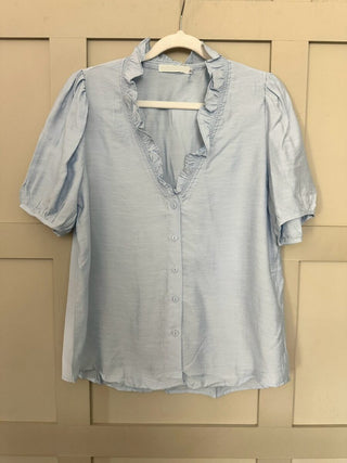 Elcot SHORT Sleeve Blouse with V Neckline and Frill Detail - Baby Blue, Black, Off White, Yellow