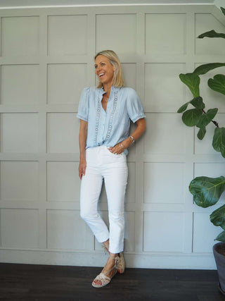 Belle SHORT Sleeve High Collared Blouse - Navy Blue, Off White, Sand and Sky Blue