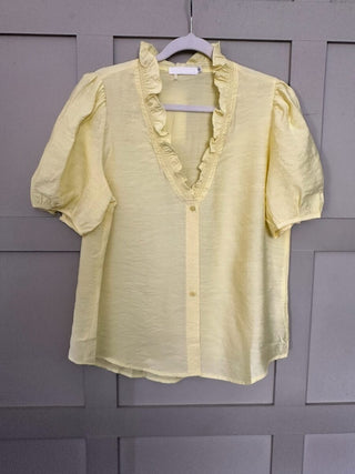 Elcot SHORT Sleeve Blouse with V Neckline and Frill Detail - Baby Blue, Black, Off White, Yellow