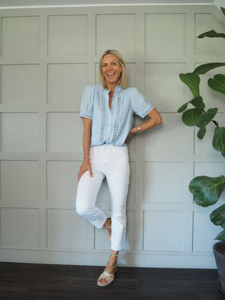 Belle SHORT Sleeve High Collared Blouse - Navy Blue, Off White, Sand and Sky Blue