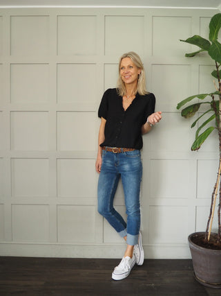 Elcot SHORT Sleeve Blouse with V Neckline and Frill Detail - Baby Blue, Black, Off White, Yellow