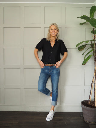 Elcot SHORT Sleeve Blouse with V Neckline and Frill Detail - Baby Blue, Black, Off White, Yellow