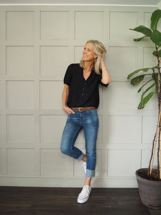 Elcot SHORT Sleeve Blouse with V Neckline and Frill Detail - Baby Blue, Black, Off White, Yellow