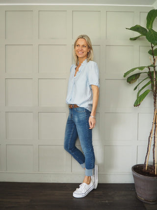 Elcot SHORT Sleeve Blouse with V Neckline and Frill Detail - Baby Blue, Black, Off White, Yellow