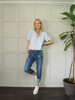 Elcot SHORT Sleeve Blouse with V Neckline and Frill Detail - Baby Blue, Black, Off White, Yellow