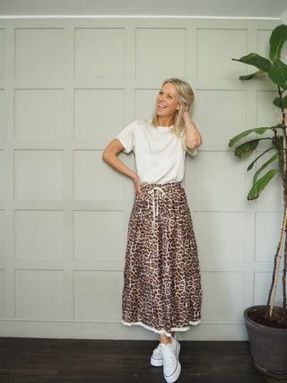 Talia Leopard Print Skirt with Fringing Detail on the Hem - Chocolate/Off White