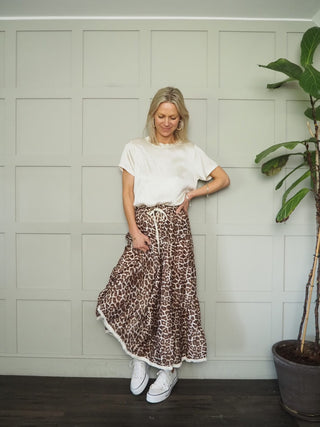 Talia Leopard Print Skirt with Fringing Detail on the Hem - Chocolate/Off White