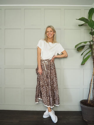 Talia Leopard Print Skirt with Fringing Detail on the Hem - Chocolate/Off White