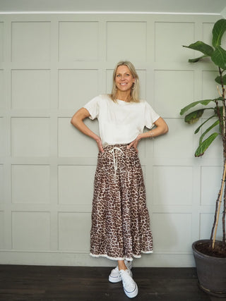 Talia Leopard Print Skirt with Fringing Detail on the Hem - Chocolate/Off White