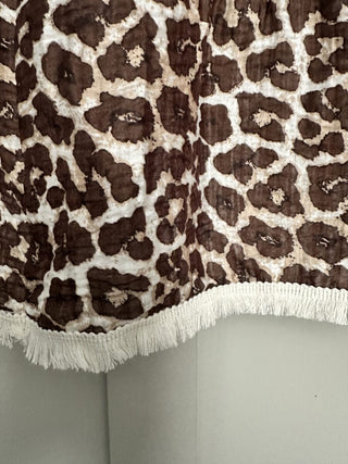 Talia Leopard Print Skirt with Fringing Detail on the Hem - Chocolate/Off White