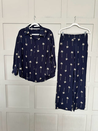 Anantara Embroidered Palm Tree Shirt and Trouser Set - Gold/Navy Blue
