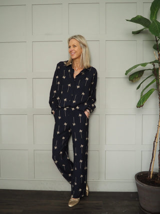 Anantara Embroidered Palm Tree Shirt and Trouser Set - Gold/Navy Blue