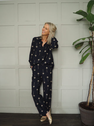 Anantara Embroidered Palm Tree Shirt and Trouser Set - Gold/Navy Blue