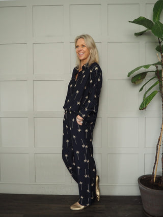 Anantara Embroidered Palm Tree Shirt and Trouser Set - Gold/Navy Blue